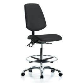 Vinyl ESD Chair - High Bench Height with Medium Back, Seat Tilt, Chrome Foot Ring, and ESD Casters in ESD Black Vinyl