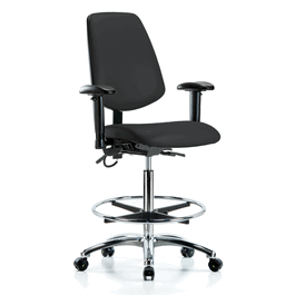 Vinyl ESD Chair - High Bench Height with Medium Back, Seat Tilt, Adjustable Arms, Chrome Foot Ring, and ESD Casters in ESD Black Vinyl