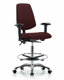 Fabric Chair Chrome - High Bench Height with Medium Back, Adjustable Arms, Chrome Foot Ring, and Casters in Gray Fabric