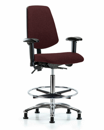 Fabric Chair Chrome - High Bench Height with Medium Back, Seat Tilt, Adjustable Arms, Chrome Foot Ring, and Stationary Glides in Blue Fabric