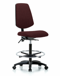 Fabric Chair - High Bench Height with Medium Back, Chrome Foot Ring, and Casters in Blue Fabric