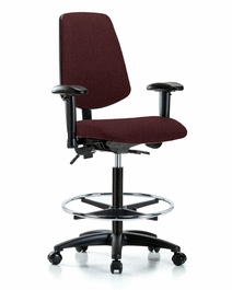 Fabric Chair - High Bench Height with Medium Back, Adjustable Arms, Chrome Foot Ring, and Casters in Black Fabric