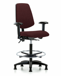 Fabric Chair - High Bench Height with Medium Back, Adjustable Arms, Chrome Foot Ring, and Stationary Glides in Burgundy Fabric