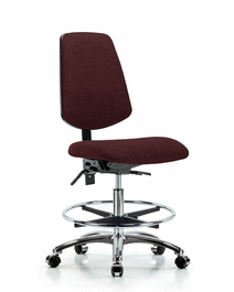 Fabric Chair Chrome - Medium Bench Height with Medium Back, Chrome Foot Ring, and Casters in Burgundy Fabric
