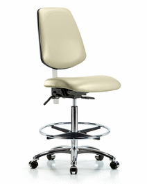 Class 100 Vinyl Clean Room Chair - High Bench Height with Medium Back, Chrome Foot Ring, and Casters in Adobe White Trailblazer Vinyl