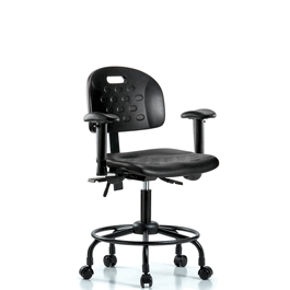 Newport Industrial Polyurethane Chair with Round Tube Base - Desk Height with Seat Tilt, Adjustable Arms, and Casters in Blue Polyurethane