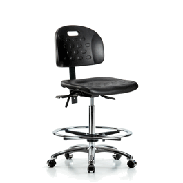 Newport Industrial Polyurethane Chair Chrome - High Bench Height with Seat Tilt, Chrome Foot Ring, and Casters in Blue Polyurethane