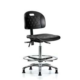 Newport Industrial Polyurethane Chair Chrome - High Bench Height, Seat Tilt, Chrome Foot Ring, and Stationary Glides in Blue Polyurethane