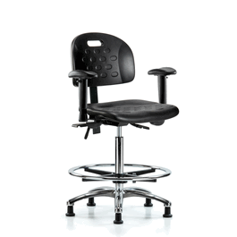 Newport Industrial Polyurethane Chair Chrome-High Bench Height, Seat Tilt, Adj Arms, Chrome Foot Ring, Stationary Glides, Blue Polyurethane