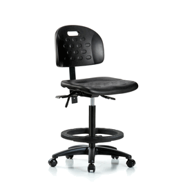 Newport Industrial Polyurethane Chair - High Bench Height with Seat Tilt, Black Foot Ring, and Casters in Blue Polyurethane