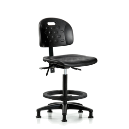 Newport Industrial Polyurethane Chair - High Bench Height with Seat Tilt, Black Foot Ring, and Stationary Glides in Blue Polyurethane