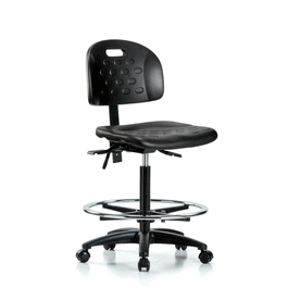 Newport Industrial Polyurethane Chair - High Bench Height with Seat Tilt, Chrome Foot Ring, and Casters in Blue Polyurethane