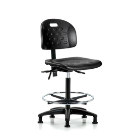 Newport Industrial Polyurethane Chair - High Bench Height with Seat Tilt, Chrome Foot Ring, and Stationary Glides in Blue Polyurethane