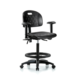 Newport Industrial Polyurethane Chair - High Bench Height with Seat Tilt, Adjustable Arms, Black Foot Ring, and Casters in Blue Polyurethane
