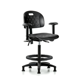 Newport Industrial Polyurethane Chair - High Bench Height, Seat Tilt, Adj Arms, Black Foot Ring, Stationary Glides, Blue Polyurethane