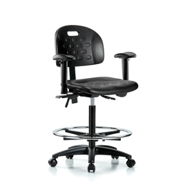 Newport Industrial Polyurethane Chair - High Bench Height, Seat Tilt, Adjustable Arms, Chrome Foot Ring, and Casters in Blue Polyurethane