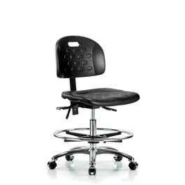 Newport Industrial Polyurethane Chair Chrome - Medium Bench Height with Seat Tilt, Chrome Foot Ring, and Casters in Blue Polyurethane