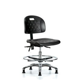 Newport Industrial Polyurethane Chair Chrome - Medium Bench Height, Seat Tilt, Chrome Foot Ring, and Stationary Glides in Blue Polyurethane