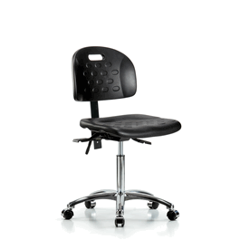 Newport Industrial Polyurethane Chair Chrome - Medium Bench Height with Seat Tilt and Casters in Blue Polyurethane