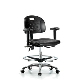 Newport Industrial Polyurethane Chair Chrome - Medium Bench Height, Seat Tilt, Adj Arms, Chrome Foot Ring, Casters, Blue Polyurethane
