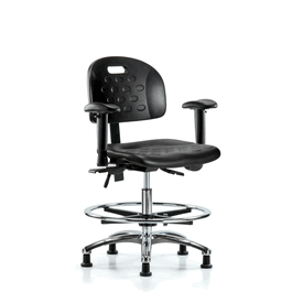 Newport Industrial Polyurethane Chair Chrome-Medium Bench Height, Seat Tilt, Adj Arms, Chrome FR, Stationary Glides, Blue Polyurethane
