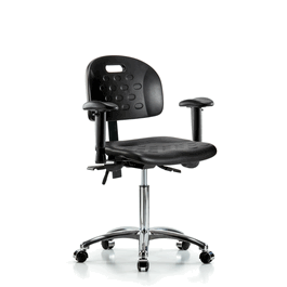 Newport Industrial Polyurethane Chair Chrome - Medium Bench Height with Seat Tilt, Adjustable Arms, and Casters in Blue Polyurethane