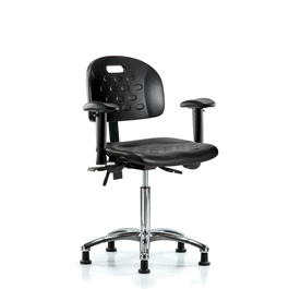 Newport Industrial Polyurethane Chair Chrome - Medium Bench Height, Seat Tilt, Adjustable Arms, and Stationary Glides in Blue Polyurethane