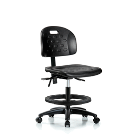 Newport Industrial Polyurethane Chair - Medium Bench Height with Seat Tilt, Black Foot Ring, and Casters in Blue Polyurethane