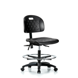 Newport Industrial Polyurethane Chair - Medium Bench Height with Seat Tilt, Chrome Foot Ring, and Casters in Blue Polyurethane
