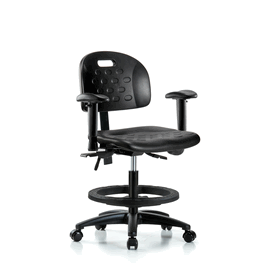 Newport Industrial Polyurethane Chair - Medium Bench Height, Seat Tilt, Adjustable Arms, Black Foot Ring, and Casters in Blue Polyurethane