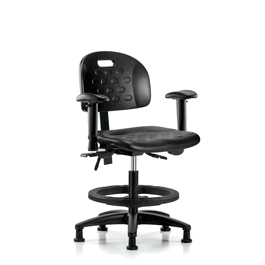 Newport Industrial Polyurethane Chair - Medium Bench Height, Seat Tilt, Adj Arms, Black Foot Ring, Stationary Glides, Blue Polyurethane