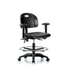 Newport Industrial Polyurethane Chair - Medium Bench Height, Seat Tilt, Adjustable Arms, Chrome Foot Ring, and Casters in Blue Polyurethane