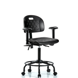 Newport Industrial Polyurethane Chair, Round Tube Base - Medium Bench Height, Seat Tilt, Adjustable Arms, and Casters in Blue Polyurethane