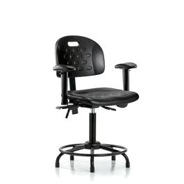 Newport Industrial Polyurethane Chair, Round Tube Base - Medium Bench Height, Seat Tilt, Adj Arms, Stationary Glides, Blue Polyurethane