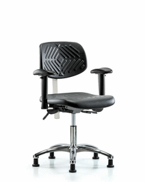 Class 100 Polyurethane Clean Room Chair - Desk Height with Adjustable Arms and Stationary Glides in Black Polyurethane