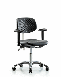Class 100 Polyurethane Clean Room Chair - Desk Height with Seat Tilt, Adjustable Arms, and Casters in Black Polyurethane