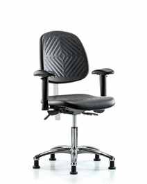 Class 100 Polyurethane Clean Room Chair - Desk Height with Medium Back, Adjustable Arms, and Stationary Glides in Black Polyurethane