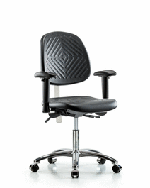 Class 100 Polyurethane Clean Room Chair - Desk Height with Medium Back, Seat Tilt, Adjustable Arms, and Casters in Black Polyurethane