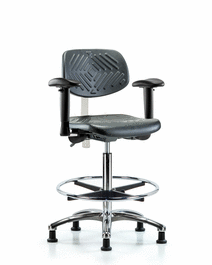 Poly Clean Room Chair, High Bench, Arms, Foot Ring, Glides, Gray Poly