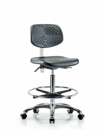 Poly Clean Room Chair, High Bench, Tilt, Foot Ring, Casters, Gray Poly