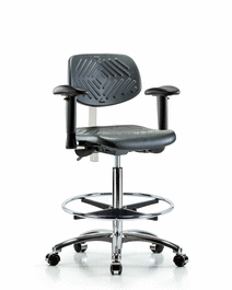 Poly Clean Room Chair, High Bench, Tilt, Arms, Foot Ring, Casters, Gray Poly
