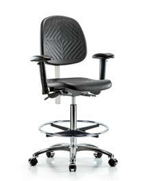 Poly Clean Room Chair, High Bench, Med Back, Tilt, Arms, Foot Ring, Casters, Gray Poly