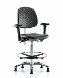 Poly Clean Room Chair, High Bench, Med Back, Tilt, Arms, Foot Ring, Glides, Gray Poly