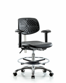 Poly Clean Room Chair, Med Bench, Tilt, Arms, Foot Ring, Casters, Gray Poly