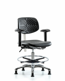 Poly Clean Room Chair, Med Bench, Tilt, Arms, Foot Ring, Glides, Gray Poly