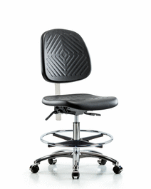Poly Clean Room Chair, Med Bench, Med Back, Tilt, Foot Ring, Casters, Gray Poly