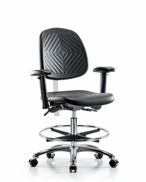 Poly Clean Room Chair, Med Bench, Med Back, Tilt, Arms, Foot Ring, Casters, Gray Poly