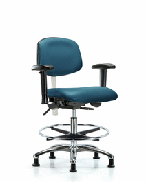 Class 100 Vinyl Clean Room Chair - Medium Bench Height, Seat Tilt, Adj Arms, Chrome Foot Ring, Stationary Glides, Borscht Supernova Vinyl