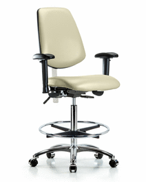 Class 100 Vinyl Clean Room Chair - Medium Bench Height, Medium Back, Adj Arms, Chrome Foot Ring, Casters, Marine Blue Supernova Vinyl