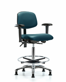 Vinyl Chair Chrome - High Bench Height with Seat Tilt, Adjustable Arms, Chrome Foot Ring, and Glides in Borscht Supernova Vinyl